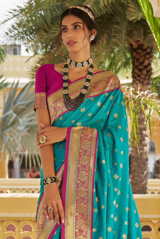 Dark Teal With Pink Border Silk Traditional Saree