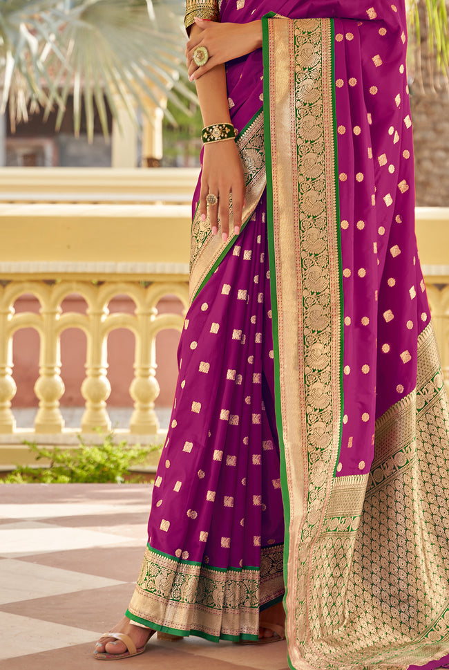 Dark Purple With Green Border Silk Traditional Saree