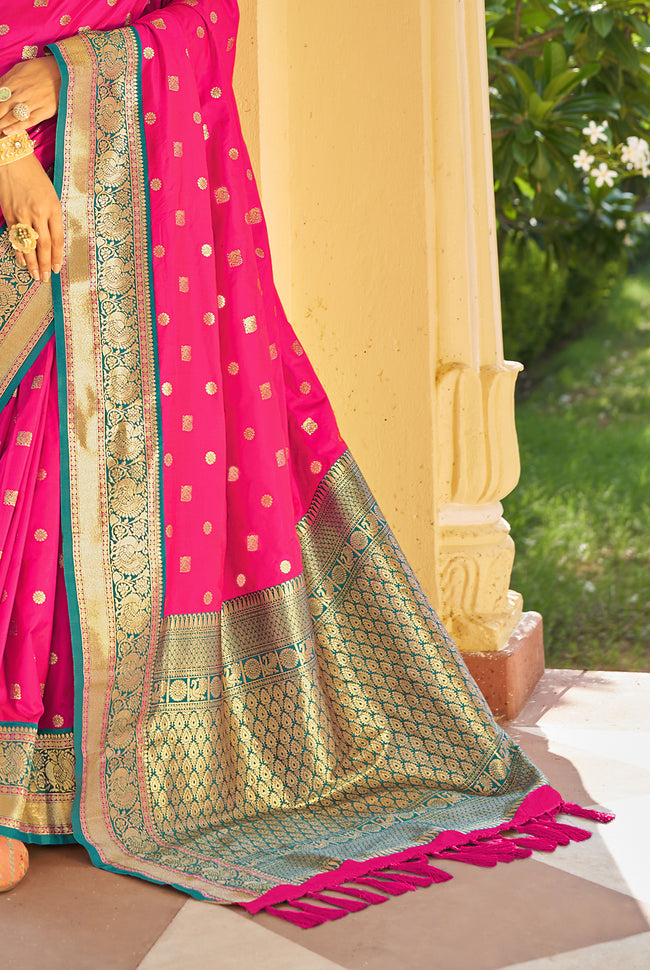 Coral With Teal Border Silk Traditional Saree