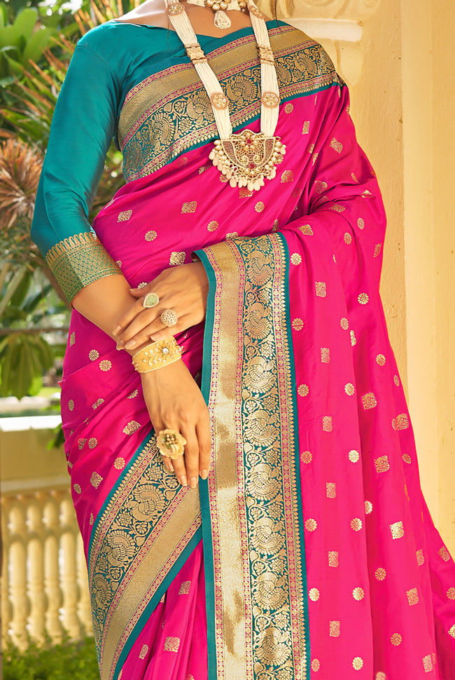 Coral With Teal Border Silk Traditional Saree