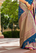 Dark Blue With Deep Pink Border Silk Traditional Saree