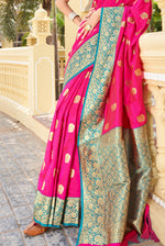 Deep Pink With Teal Border Silk Traditional Saree