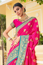 Deep Pink With Teal Border Silk Traditional Saree