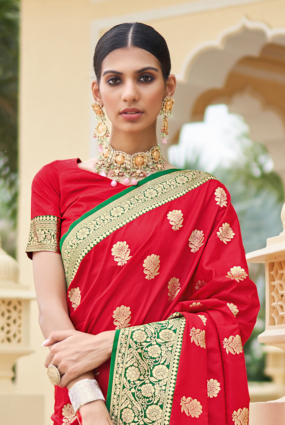 Fancy Silk Gap Border Bright Red Saree