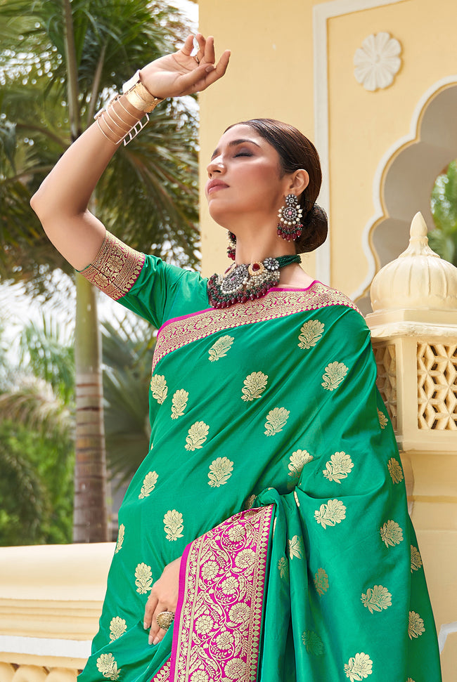Mint Green With Pink Border Silk Traditional Saree