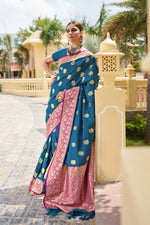 Denim Blue With Pink Border Silk Traditional Saree