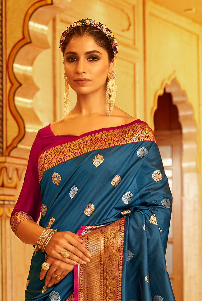 Royal Blue With Maroon Border Silk Traditional Saree