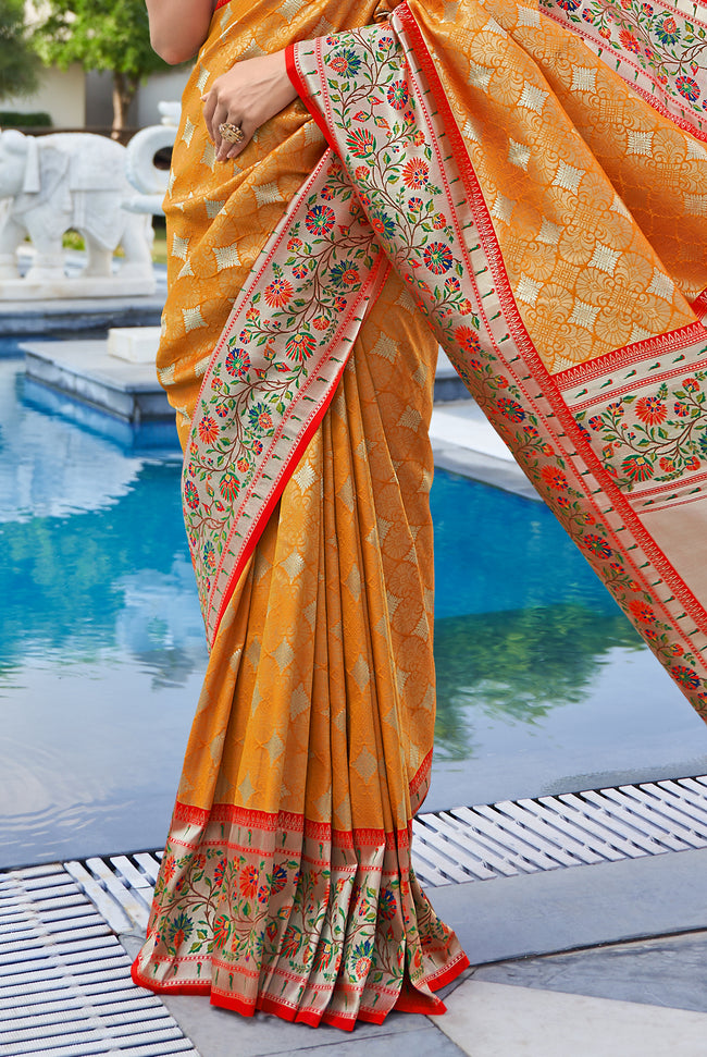 Amber Yellow With Red Border Silk Traditional Saree