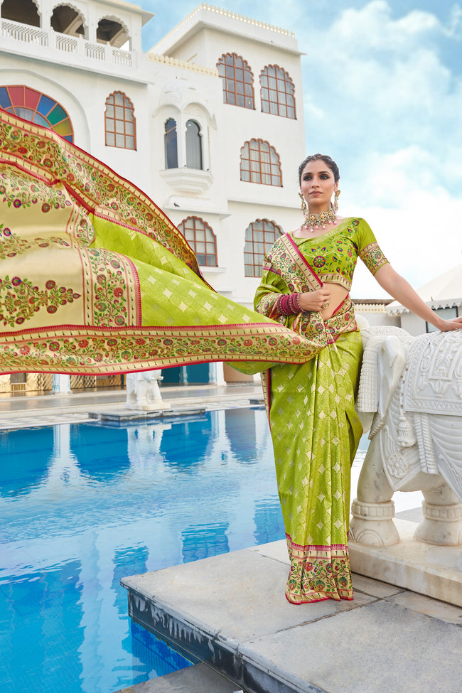 Lime Green With Dark Red Border Silk Traditional Saree