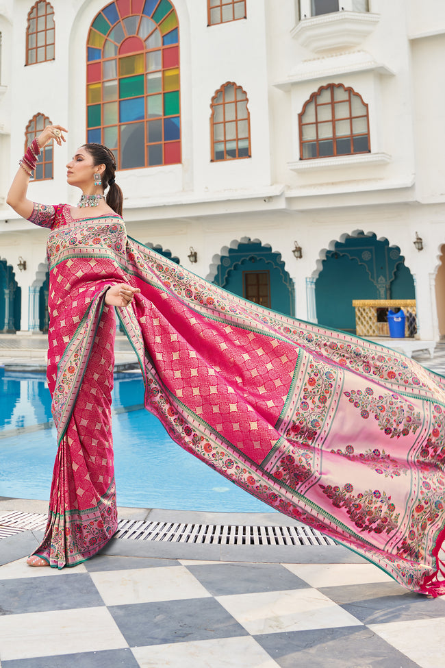 French Rose With Maroon Border Silk Traditional Saree