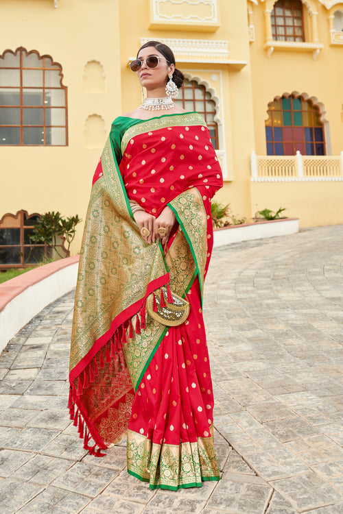 Carmine Red With Green Border Silk Traditional Saree