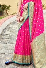 Dark Pink With Teal Border Silk Traditional Saree