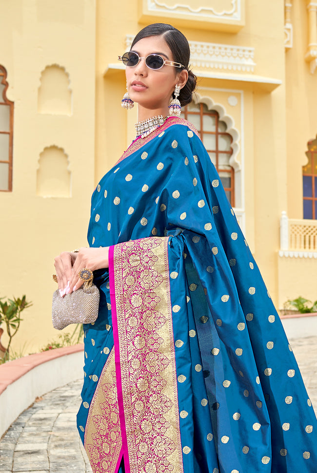 Blue with Pink Border Silk Traditional Saree