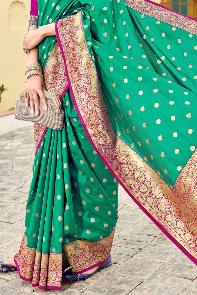 Spring Green With Pink Border Silk Traditional Saree