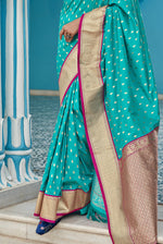 Aqua Blue With Pink Border Silk Traditional Saree