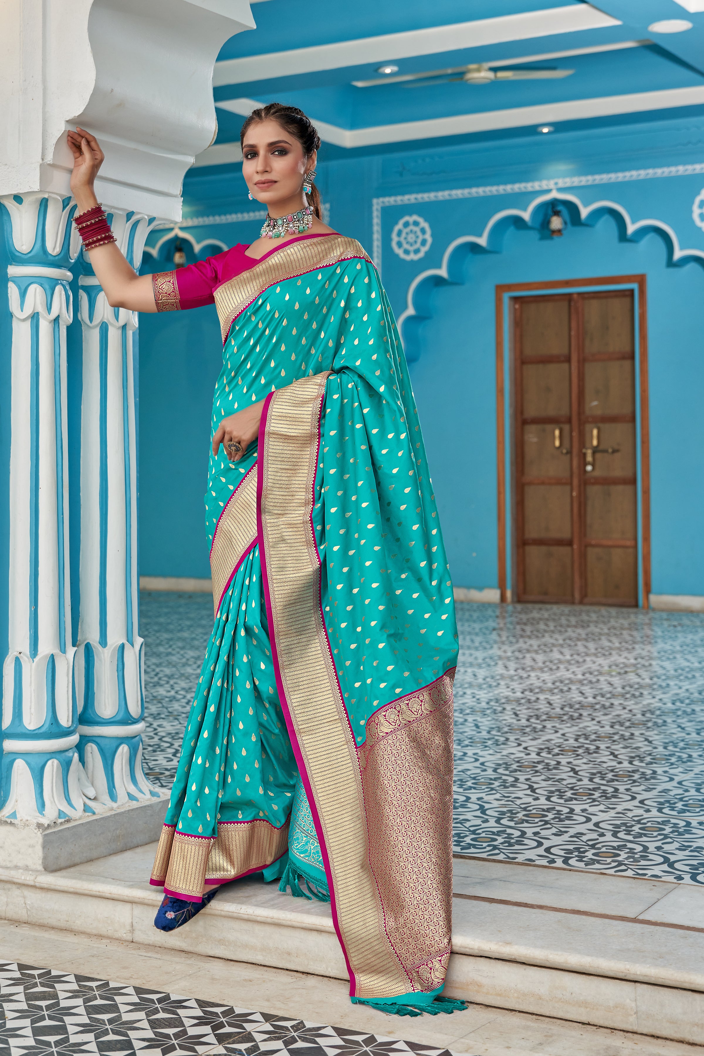Aqua Blue color linen plain sari which comes with floral design white woven  pallu saree