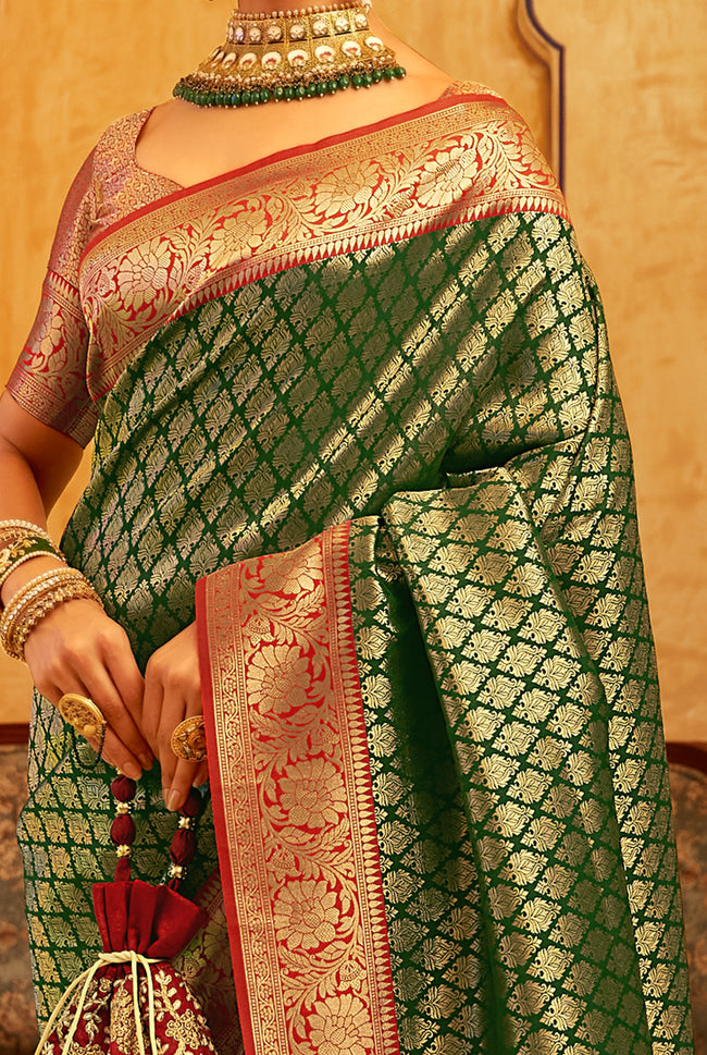 Forest Green With Red Border Silk Traditional Saree