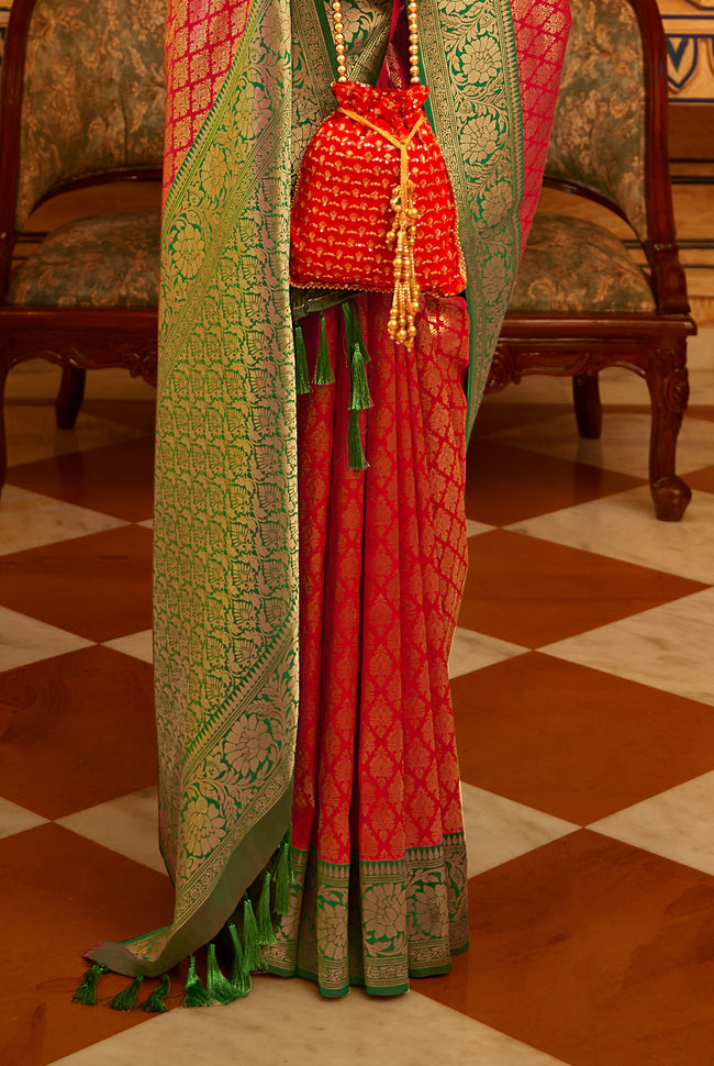Bright Red With Green Border Silk Traditional Saree