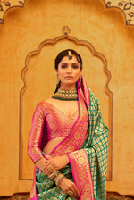 Green With Pink Border Silk Traditional Saree