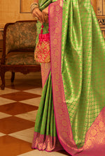 Lime Green With Pink Border Silk Traditional Saree