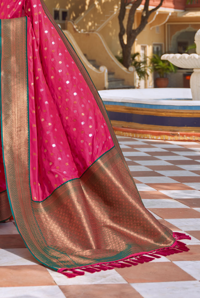 Cherry Red With Teal Border Silk Traditional Saree