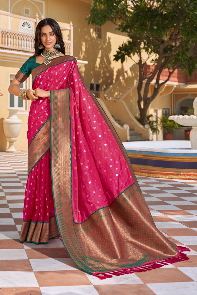 Cherry Red With Teal Border Silk Traditional Saree