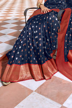 Navy Blue With Red Border Silk Traditional Saree