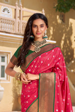 Bright Coral With Green Border Silk Traditional Saree