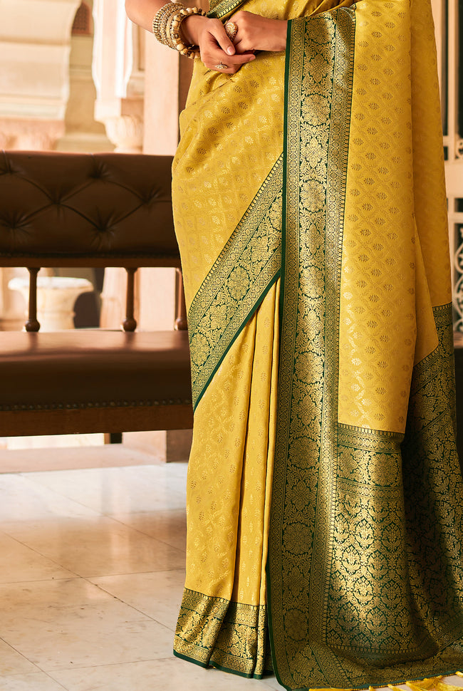 Amber Yellow With Garden Green Silk Traditional Saree