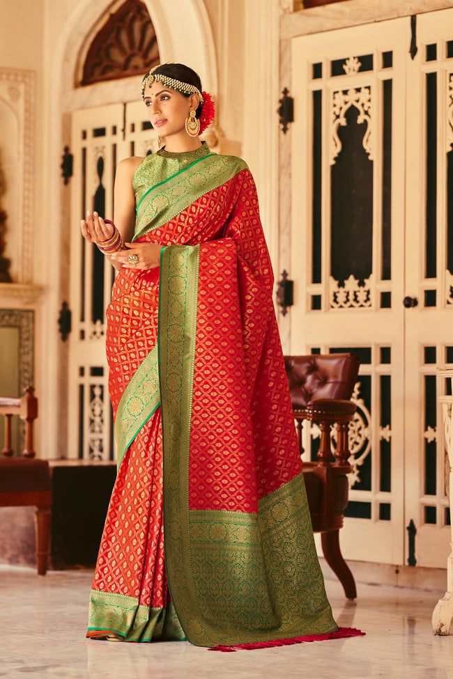Red Orange With Green Border Silk Traditional Saree