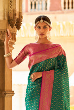 Rama Green With Dark Pink Border Silk Traditional Saree