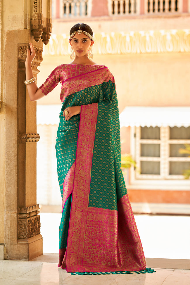 Rama Green With Dark Pink Border Silk Traditional Saree