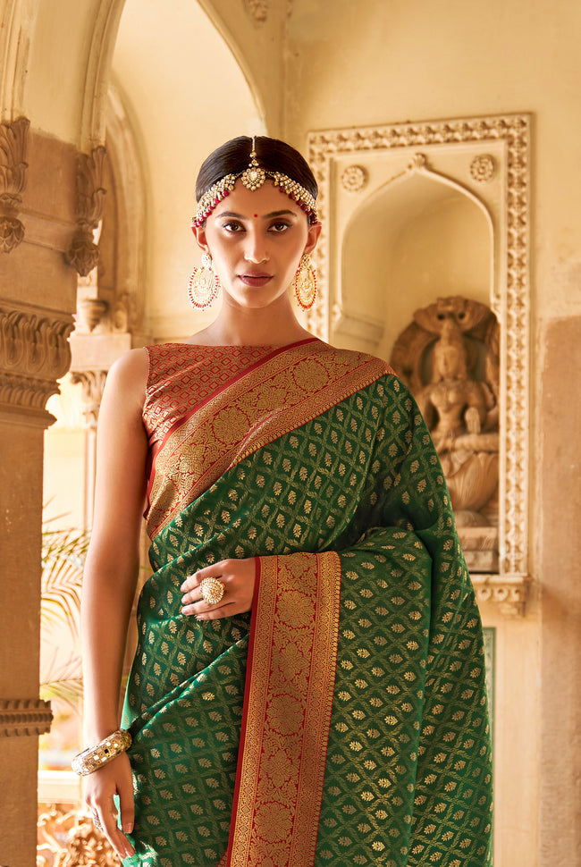 Deep Green With Red Border Silk Traditional Saree