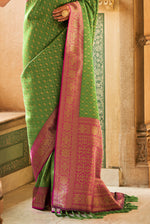 Tree Green With Pink Border Silk Traditional Saree