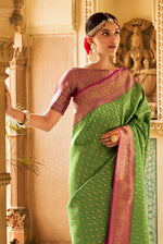 Tree Green With Pink Border Silk Traditional Saree