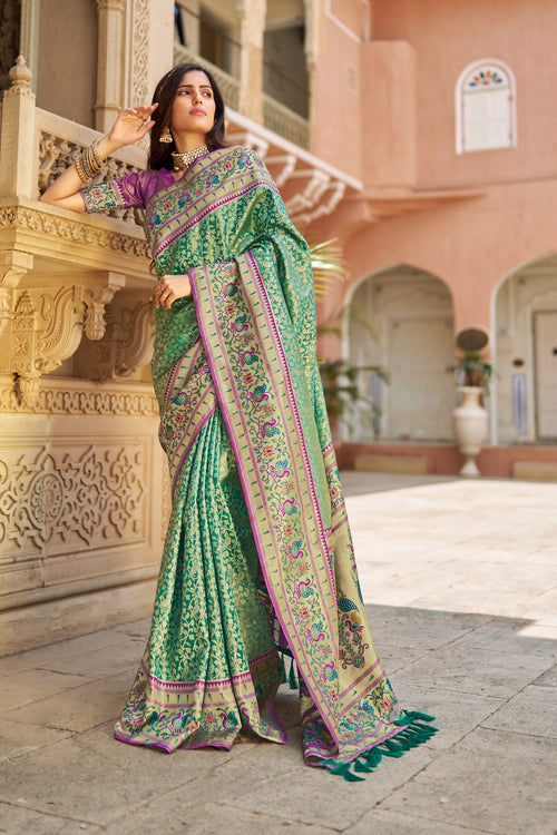 Light Green With Purple Border Silk Traditional Saree