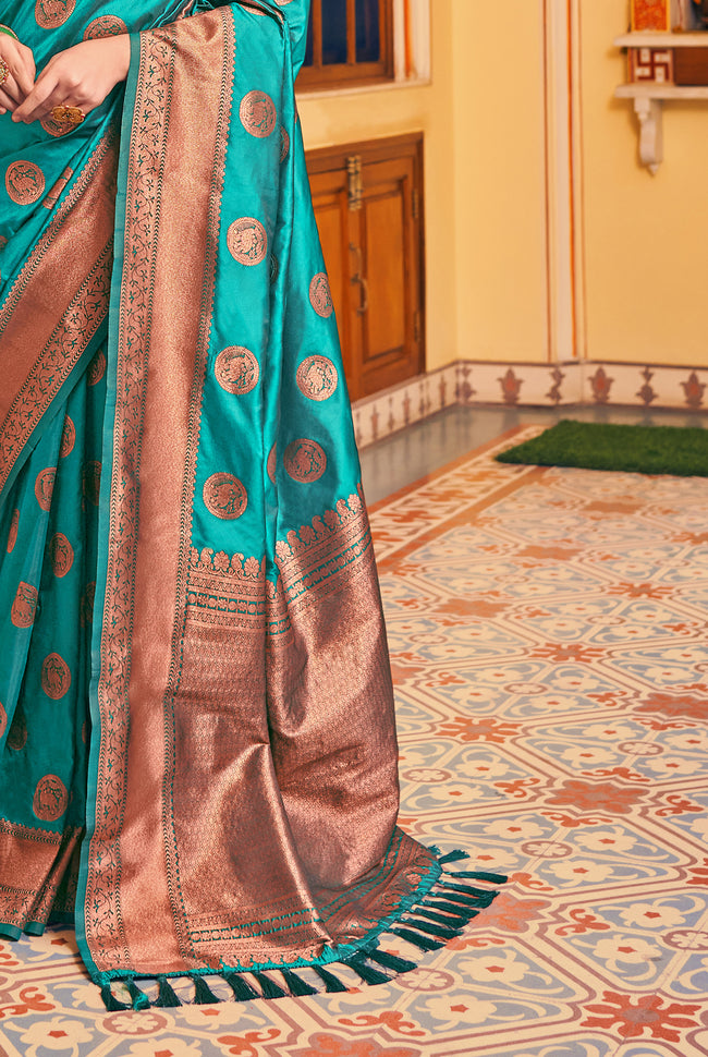 Turquoise Green With Golden Border Silk Traditional Saree
