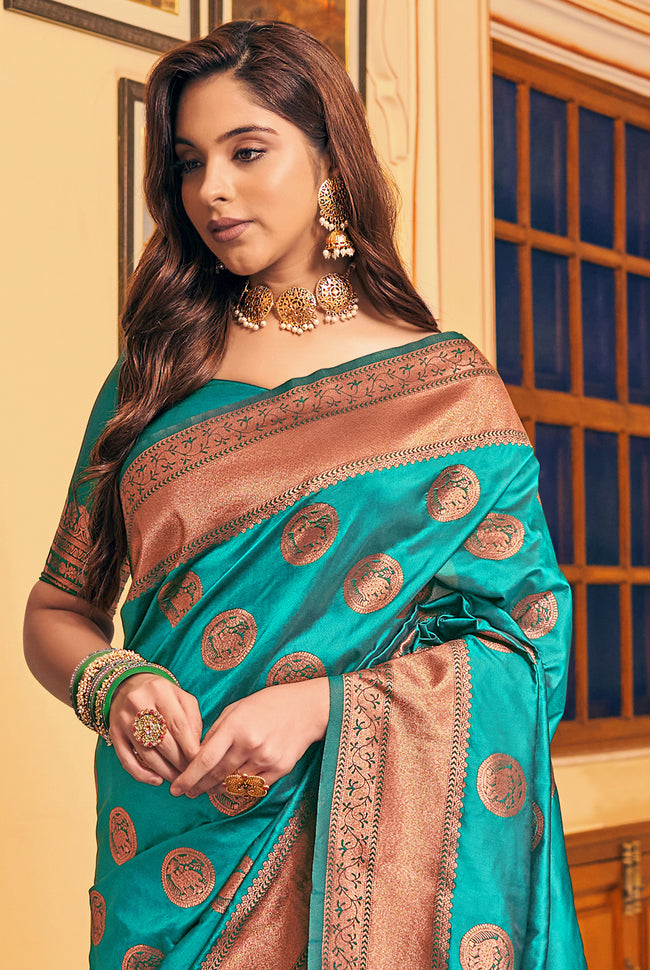 Turquoise Green With Golden Border Silk Traditional Saree