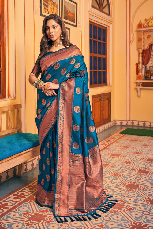 Navy Blue With Golden Border Silk Traditional Saree