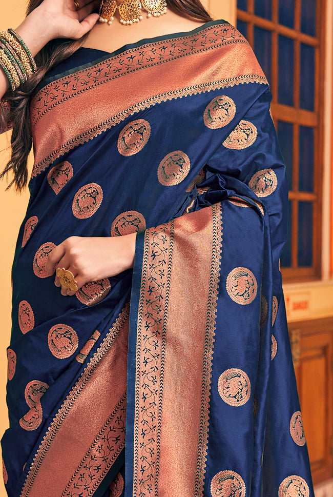 Blue With Golden Border Silk Traditional Saree