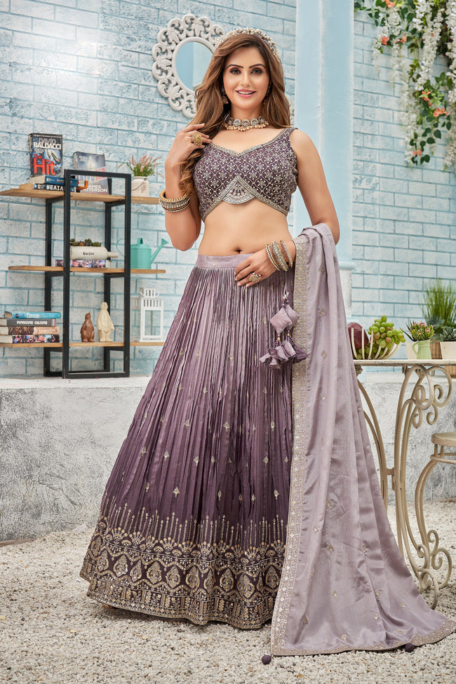 Lavender Embroidered Silk Bridal Lehenga