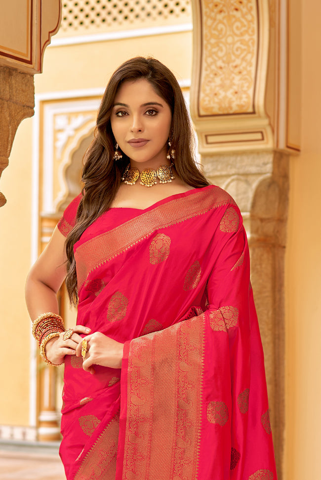 Bright Coral With Golden Border Silk Traditional Saree
