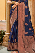 Navy Blue With Golden Border Silk Traditional Saree