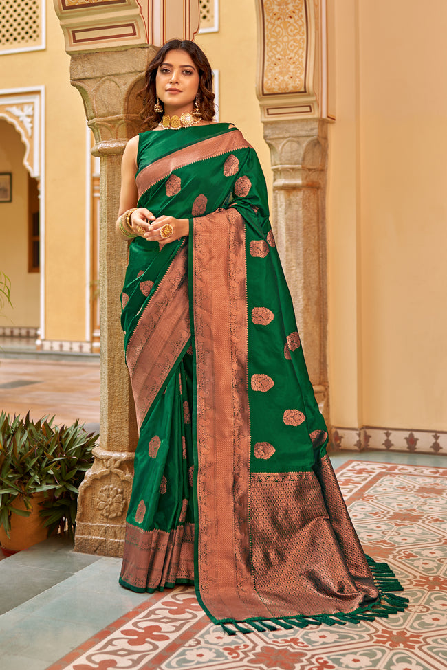 Deep Green With Golden Border Silk Traditional Saree