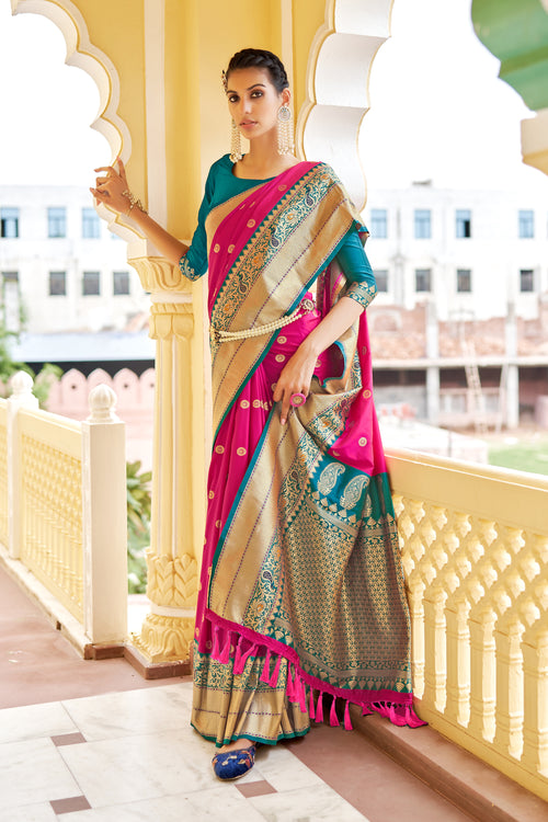 Parrot Green With Pink Border Silk Traditional Saree – paanericlothing