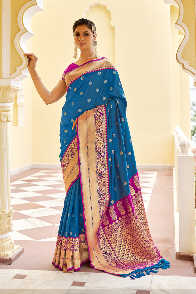 Blue With Pink Border Silk Traditional Saree