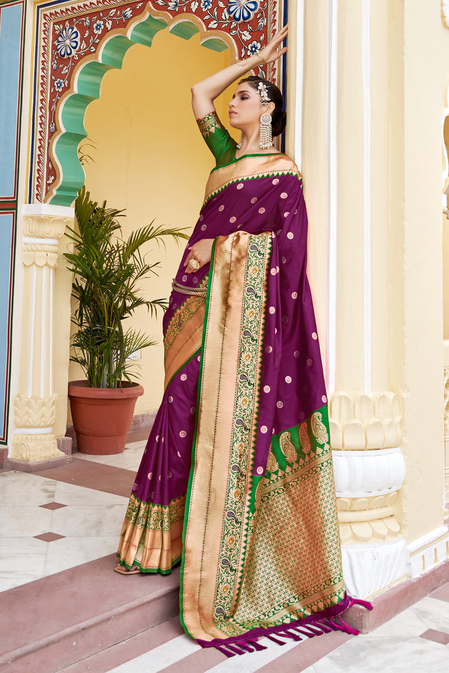 Berry Pink With Green Border Silk Traditional Saree