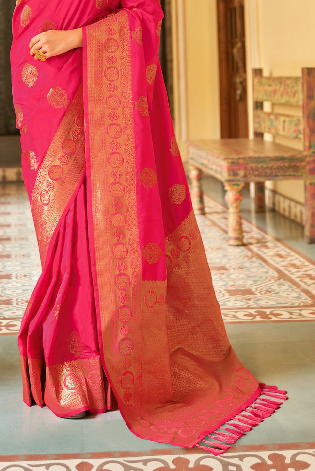 Ruby Pink With Golden Border Silk Traditional Saree