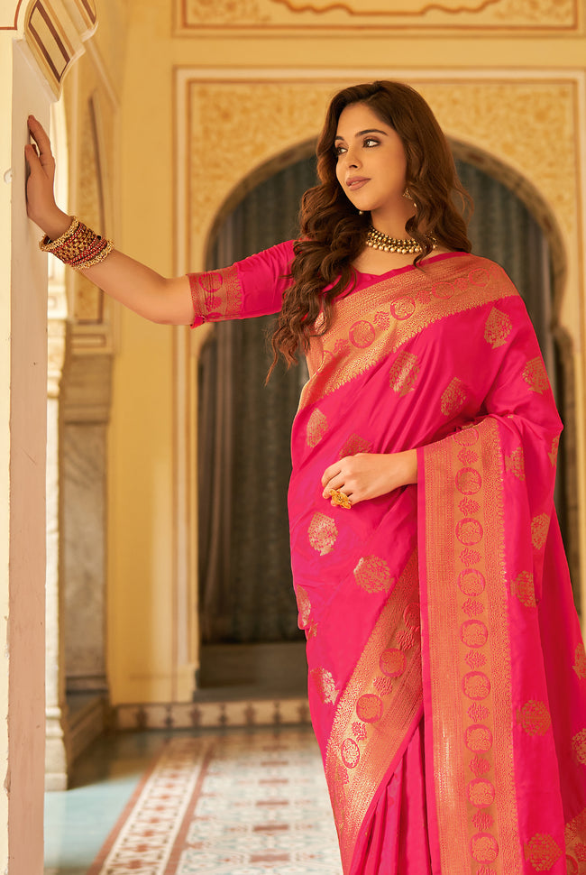 Ruby Pink With Golden Border Silk Traditional Saree