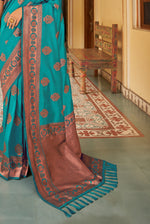 Teal With Golden Border Silk Traditional Saree